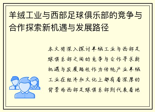 羊绒工业与西部足球俱乐部的竞争与合作探索新机遇与发展路径
